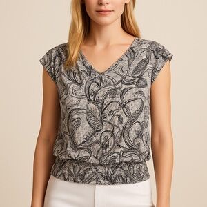 White House Black Market Black, White & Pink Paisley Blouse Size L